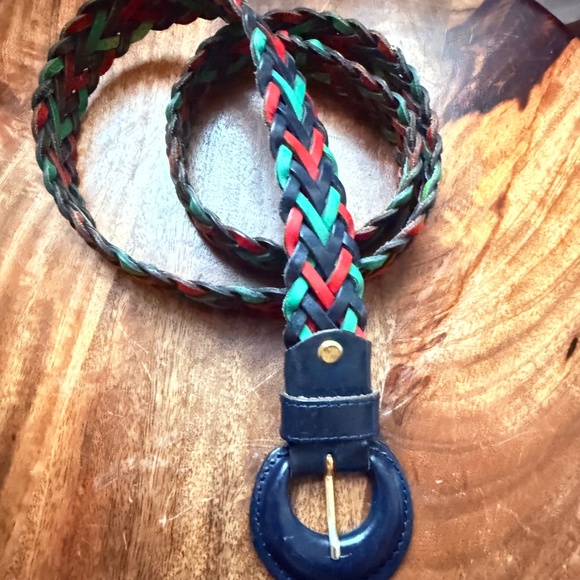 Vintage Italian braided leather belt navy green red woven adjustable main image 4